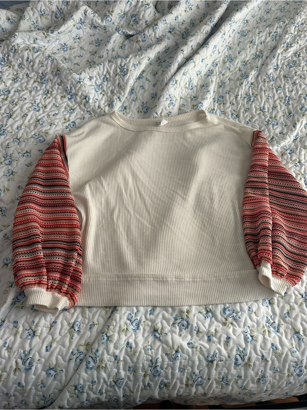 By Together Cream Ribbed Pullover with Red Patterned Balloon Sleeves